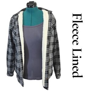 Black Grey Plaid Fleece Lined Flannel Shirt Jacket Shacket Small